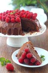 chocolate cake with chocolate cream and raspberry