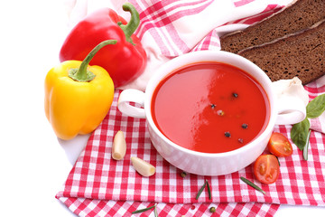 Tasty tomato soup and vegetables, isolated on white
