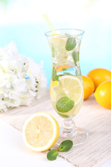 Glass of cocktail with lemon and mint