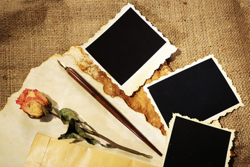 Composition with blank old photos, paper, letters