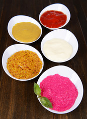 Various sauces on table close-up
