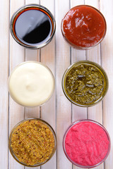 Various sauces on table close-up