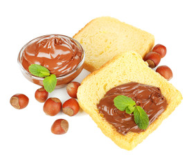 Bread with sweet chocolate hazelnut spread isolated on white