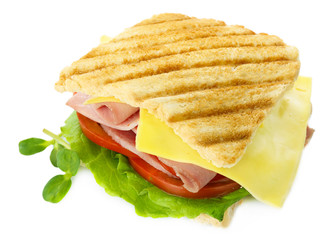 Tasty sandwich with ham, isolated on white