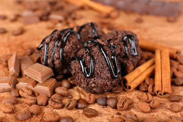 Delicious chocolates on table close-up