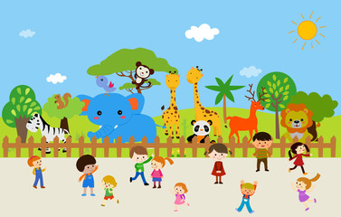 Obraz na płótnie Canvas Kids playing in the zoo