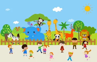 Poster Kids playing in the zoo