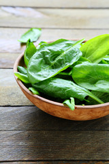 wet leaves of fresh spinach in a bowl