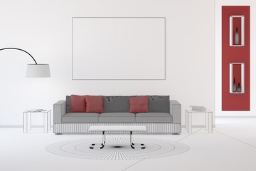 CAD Modell von Wohnzimmer mit Sofa und Kissen