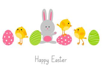 Easter eggs with cute chickens and rabbit