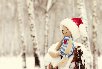 Teddy bear in christmas sitting in the snow