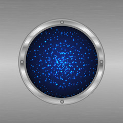 porthole with a view of the stars.flickering dark blue backgroun