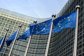 Abwaschbare Fototapete Brüssel European Union flags in front of the Berlaymont building (Europe