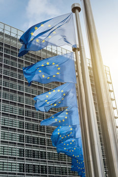European Union flags in front of the Berlaymont building (Europe