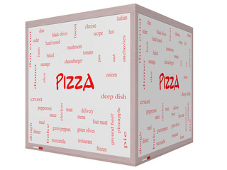 Pizza Word Cloud Concept on a 3D cube Whiteboard