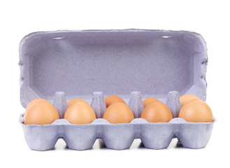 Ten eggs in a blue carton box.