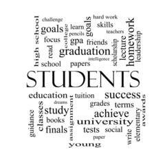 Students Word Cloud Concept in black and white