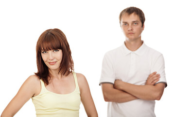 Close-up portrait of young couple,isolated on white background.