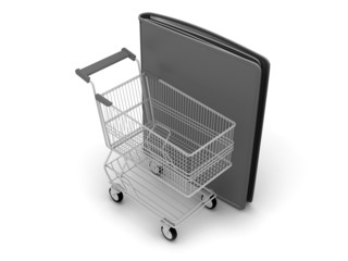 Shopping cart and black leather wallet on white background