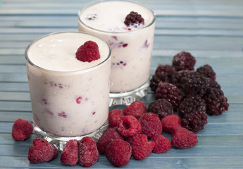 Сocktail of  banana with frozen  blackberries and  yogurt.