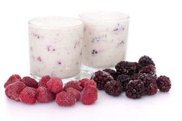 Сocktail of  banana with frozen  blackberries and  yogurt.