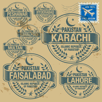 Grunge rubber stamp set with names of Pakistan cities