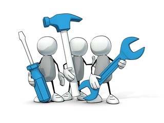 little sketchy men with blue tools