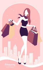 background with fashion girl and shopping bags