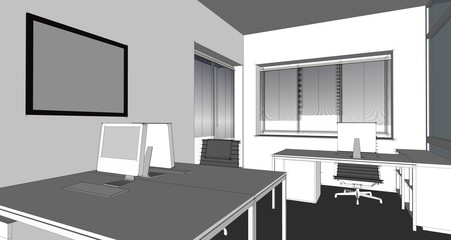 the modern office interior design sketch (3d render)