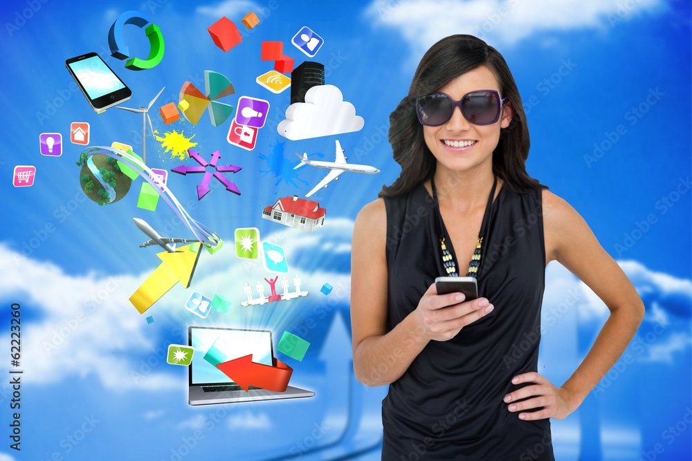 Poster glamorous brunette using smartphone with app icons and laptop