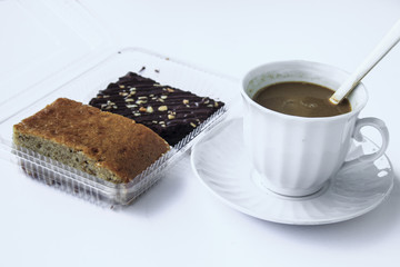 coffee break with cake banana and chocolate brownies