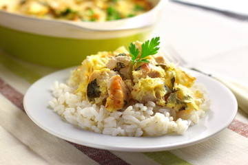Chicken breast and cauliflower casserole with rice
