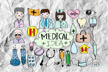 Medical icon set idea on crumpled paper