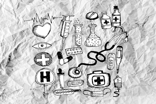 Medical icon set idea on crumpled paper