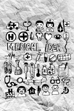 Medical icon set idea on crumpled paper