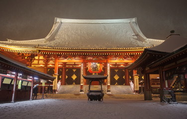 Japan temple , Asakusa Sensoji at snow falling time