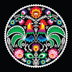 Polish floral embroidery with roosters - traditional folk