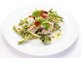 Crispy deep fried morning glory with spicy seafood salad