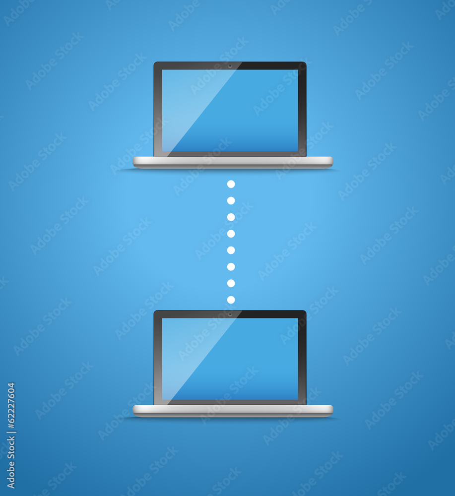 Poster modern laptop connection on blue. information transfer scheme