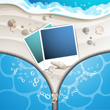 Summer beach with photo frame covered by zipper