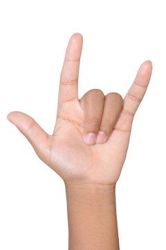 Hand sign on white background.