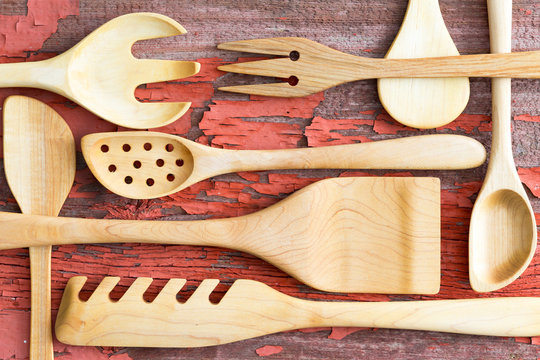 Still life arrangement of wooden kitchen utensils