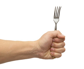 dining fork in hand on white background