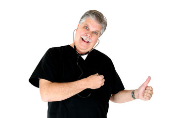Medical doctor having fun checking his own heartbeat