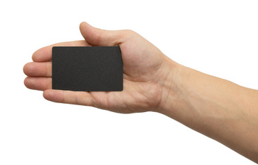 black card in hand on white background