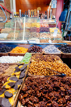 Nuts shop in La Boqueria Market at Barcelona