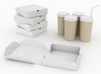 White boxes for pizza and white  containers for cola with tubule