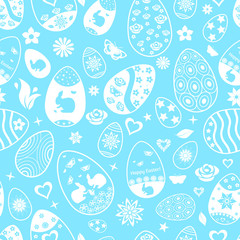 Seamless pattern of Easter eggs, white on light blue