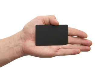 black card in hand on white background