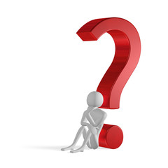 3d man thinking sitting leaning on question mark